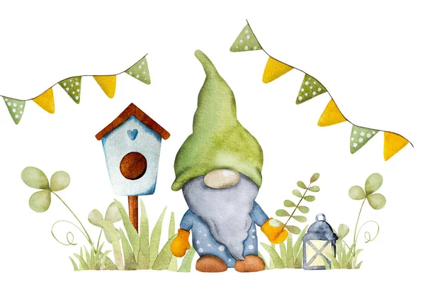 緑の芝生の水彩漫画の絵葉書のための鳥の家と庭のドワーフ かわいいノームアクエラレの絵 — ストック写真