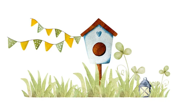 緑の芝生の水彩画の装飾とかわいい鳥の家 庭の鳥の家と美しいアクエラレの春の絵 — ストック写真