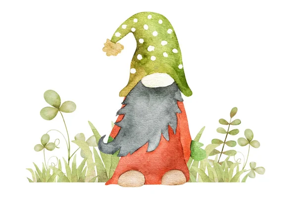 Krasnoludek Ogrodowy Zielonej Trawie Akwarela Malowanie Kreskówek Pocztówki Słodkie Gnome — Zdjęcie stockowe