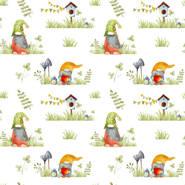 Gartenzwerg Mit Vogelhaus Grünem Gras Aquarell Cartoon Malerei Nahtlose Muster — Stockfoto