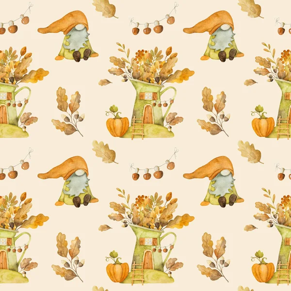 Cute Jesienny Karzeł Dyni Zbiorów Akwarela Malarstwo Bezszwowy Wzór Jesień — Zdjęcie stockowe