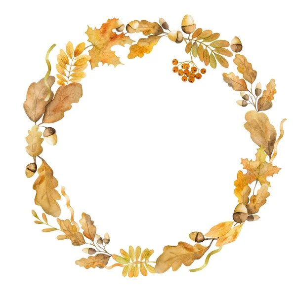 Осенний Дуб Листья Желудь Венок Акварелью Рисунок Плавный Узор Осенний — стоковое фото