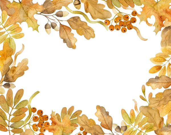 Осенний Дуб Кленовые Листья Рамка Дизайн Акварели Рисунок Копированием Пространства — стоковое фото