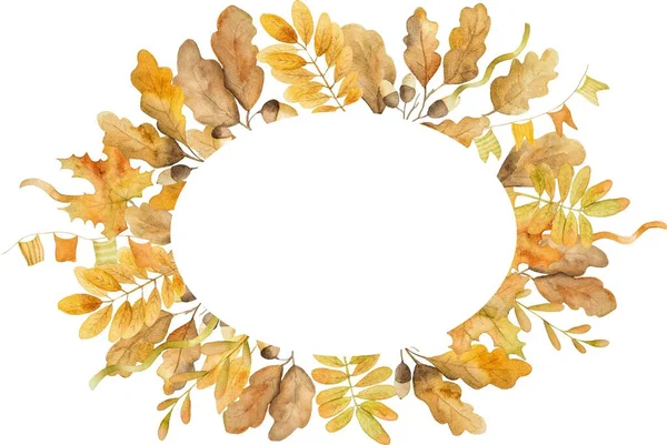 Осенний Дуб Кленовые Листья Рамка Дизайн Акварели Рисунок Копированием Пространства — стоковое фото