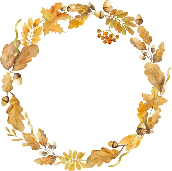 秋天橡木和枫叶框架设计水彩画与复制空间 秋季叶面水彩画 — 图库照片