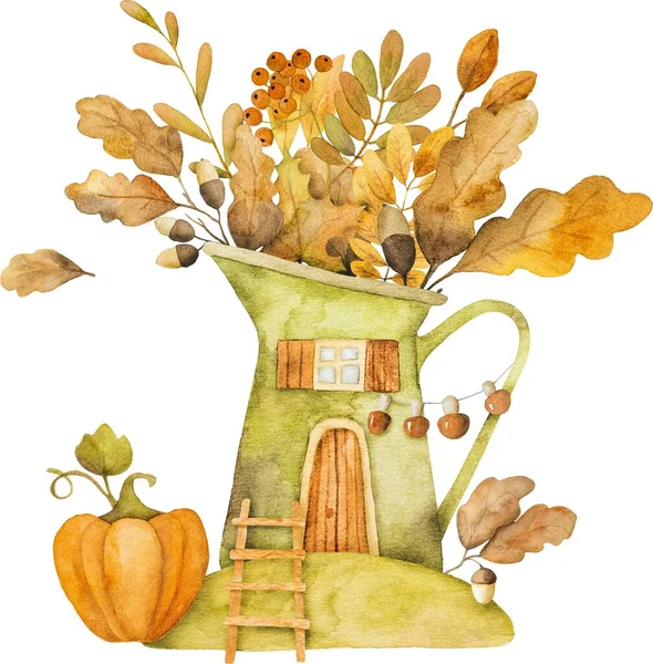 Herbst Wasserkocher Cartoon Haus Mit Eichenblättern Pilzen Und Eicheln Aquarellmalerei — Stockfoto