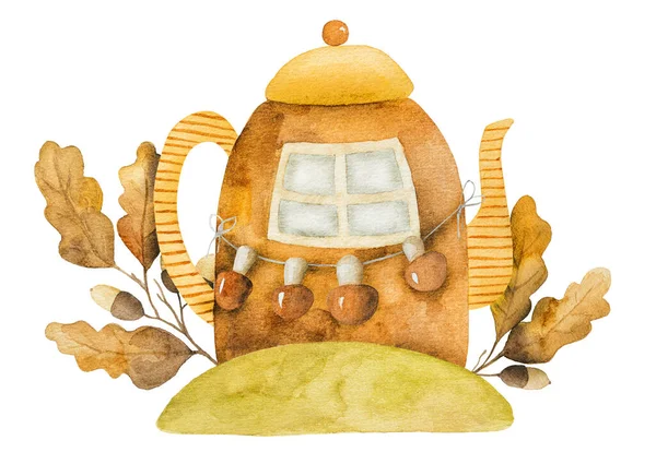 Sonbahar Çaydanlık Karikatür Evi Meşe Yaprakları Mantarlar Meşe Palamudu Boyaları — Stok fotoğraf