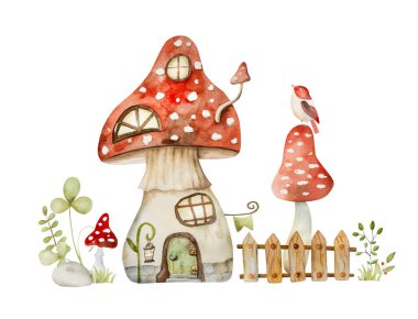 Kartpostal süslemesi için suluboya mantar evi resmi. Çizgi film, agarik amanita ile eve uçar ve kuşlar akvaryum çizer.