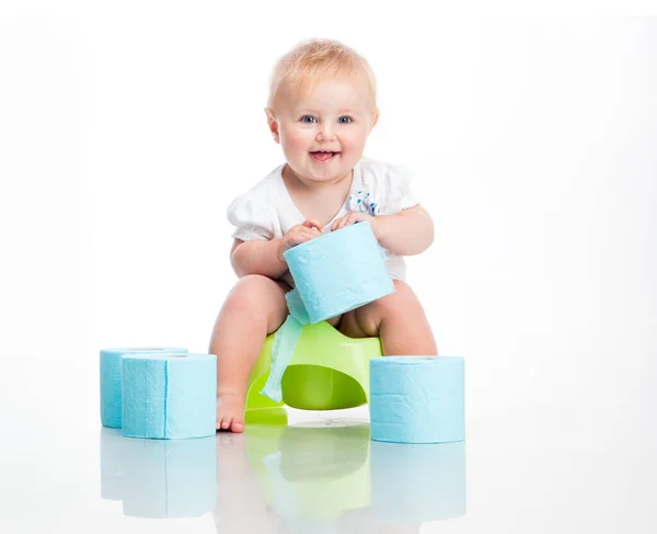 Little Baby Sitting Pot Keeps Toilet Paper Studio Photo White — Stock Photo, Image