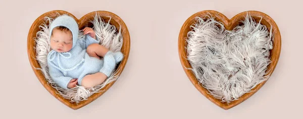 모양의 침대에서 의상과 모자를 잠자는 신생아 모피가있는 유아용 어린이 스튜디오 — 스톡 사진