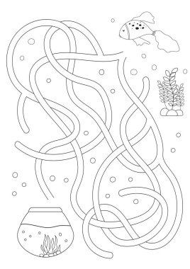 Beyaz arkaplanda vektör labirenti izole edildi. Balıkların akvaryumu bulmasına yardım et. Çocuklar için eğitim mantığı labirenti. Çözümle.