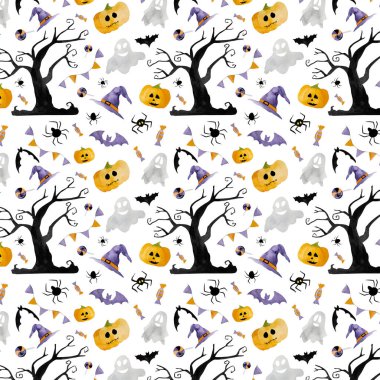 Cadılar Bayramı suluboya resimlerinde hayaletler, yarasalar ve balkabakları var. Örümcekler, cadı şapkaları ve karanlık ağaçlarla dolu korkunç bir sonbahar tatili süslemesi.