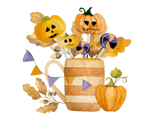カボチャとロリポップの装飾水彩画とハロウィンカップ マグカップと秋の葉でスプーキーな秋の休日のデッサン — ストック写真