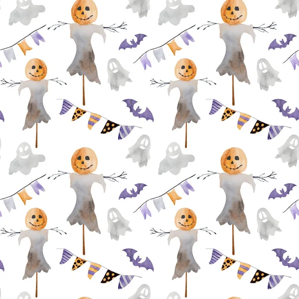 Espantalho Assustador Halloween Com Cabeça Abóbora Morcegos Aquarela Pintura Sem — Fotografia de Stock