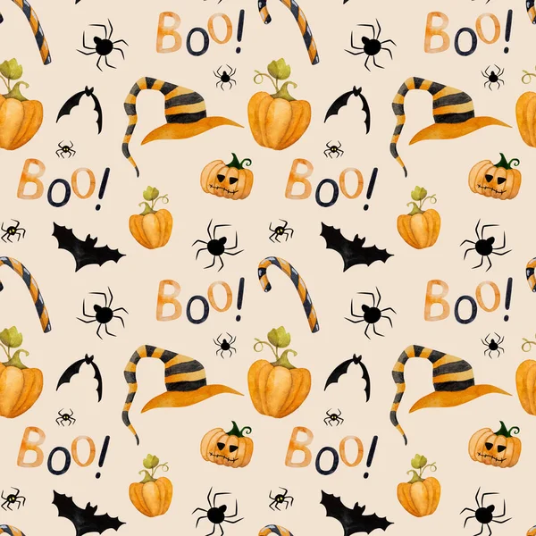 Abóbora Halloween Com Pirulitos Tradicionais Morcego Chapéu Bruxa Aquarela Pintura — Fotografia de Stock