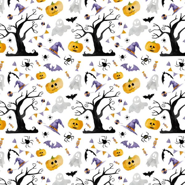 Illustration Aquarelle Halloween Avec Fantômes Chauves Souris Citrouilles Automne Octobre — Photo