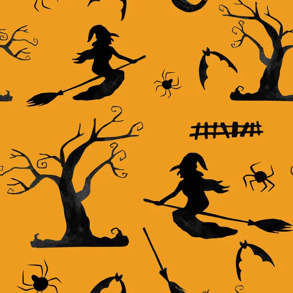 Halloween Árvore Assustadora Bruxa Vassoura Com Aranhas Aquarela Ilustração Padrão — Fotografia de Stock