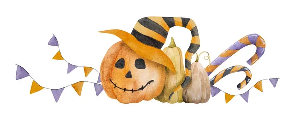 Halloween Dýně Nosí Klobouk Lízátkem Akvarel Akvarel Pro Design Pohlednice — Stock fotografie