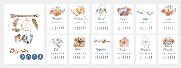 ウォーターカラーブーフデザインの絵画で2024年のカレンダー 毎日のプランナーテンプレート — ストック写真
