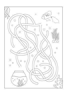 Beyaz arkaplanda vektör labirenti izole edildi. Balıkların akvaryumu bulmasına yardım et. Çocuklar için eğitim mantığı labirenti. Çözümle.