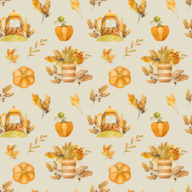 Kazan dairesinde sonbahar yaprakları ve balkabağı suluboya pürüzsüz desenler çiziyor. Sonbahar yeşillik akvaryum resmi