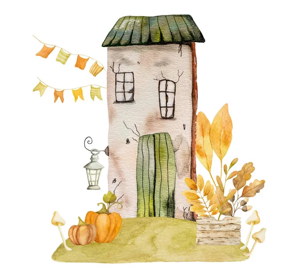 Podzimní Kreslený Dům Dubovými Listy Houbami Žaludy Akvarel Podzim Konvice — Stock fotografie