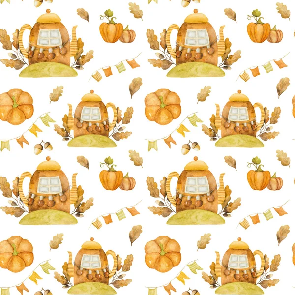Outono Chaleira Casa Dos Desenhos Animados Com Folhas Carvalho Cogumelos — Fotografia de Stock
