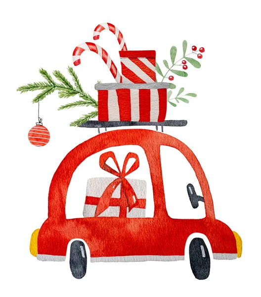Cartolina Natalizia Disegno Acquerello Con Regali Decorazione Dell Albero Natale — Foto Stock