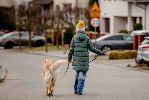 Sonbahar Caddesinde Golden Retriever Köpeğiyle Yürüyen Genç Bir Kız Şapkası — Stok fotoğraf