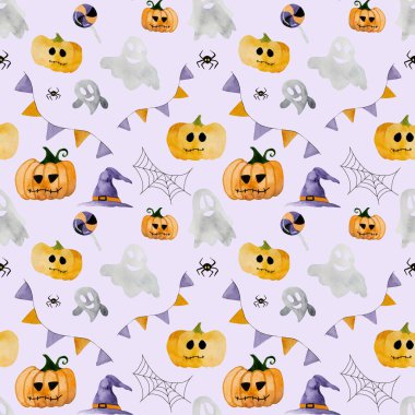 Hayalet suluboya resimli Cadılar Bayramı balkabağı kusursuz desenli. Ürkütücü sonbahar tatili çizimi, gece şakası turuncu sebze.