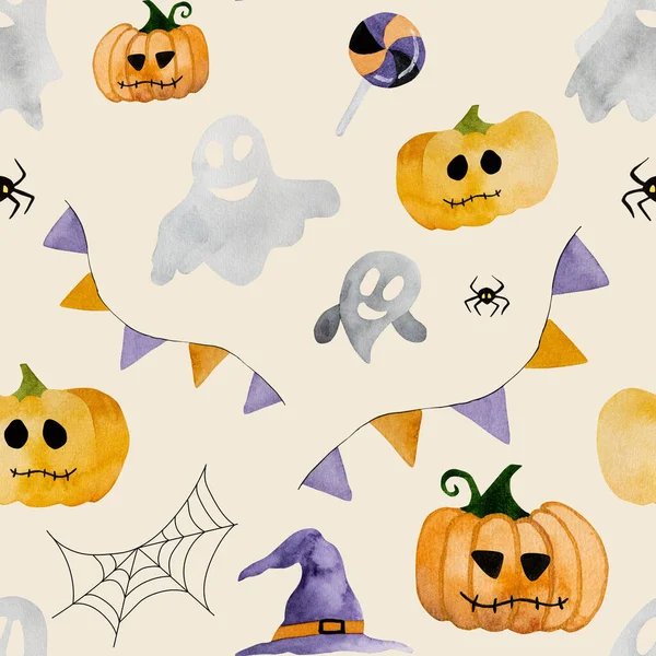 Abóbora Halloween Com Fantasma Aquarela Pintura Sem Costura Padrão Desenho — Fotografia de Stock