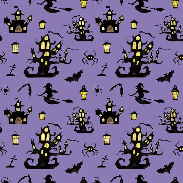 Halloween Tree House Ghosts Bats Witches Watercolor Art Seamless Pattern — Stock Photo, Image