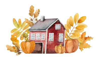 Meşe yapraklı, mantarlı ve palamutlu suluboya resimli sonbahar çizgi film evi. Çaydanlığı yeşillik dekorasyonuyla birlikte düşür.