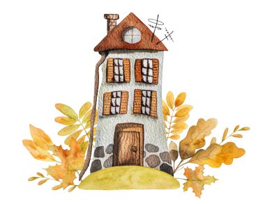 Meşe yapraklı, mantarlı ve palamutlu suluboya resimli sonbahar çizgi film evi. Çaydanlığı yeşillik dekorasyonuyla birlikte düşür.