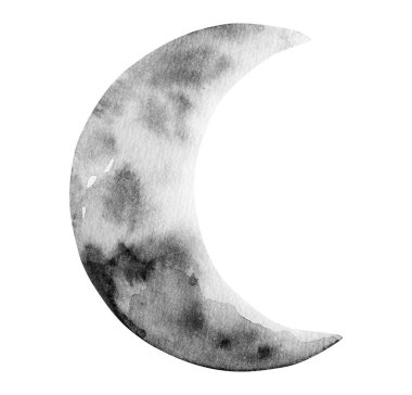 Siyah ve beyaz yeni ay hilal rengi suluboya resim, galakside astroloji sembolü. Astronomi gezegeni kozmik uzayda Dünya 'ya en yakın