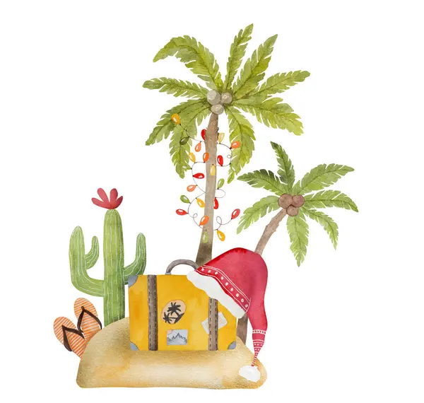 Caribbean Merry Christmas Watercolor Painting Palms Xmas Tree Cactus Santa — Stock Photo, Image