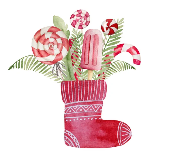 Παραδοσιακές Χριστουγεννιάτικες Κόκκινες Κάλτσες Δώρα Ακουαρέλα Ζωγραφική Εορταστική Ενδυμασία Νέου — Φωτογραφία Αρχείου