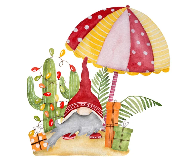 Caribbean Merry Christmas Watercolor Painting Funny Dwarf Beach Umbrella Festive — Stock Photo, Image