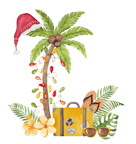 加勒比海快乐圣诞水彩画与棕榈树 仙人掌和圣诞帽 热带泳滩新年明信片 — 图库照片