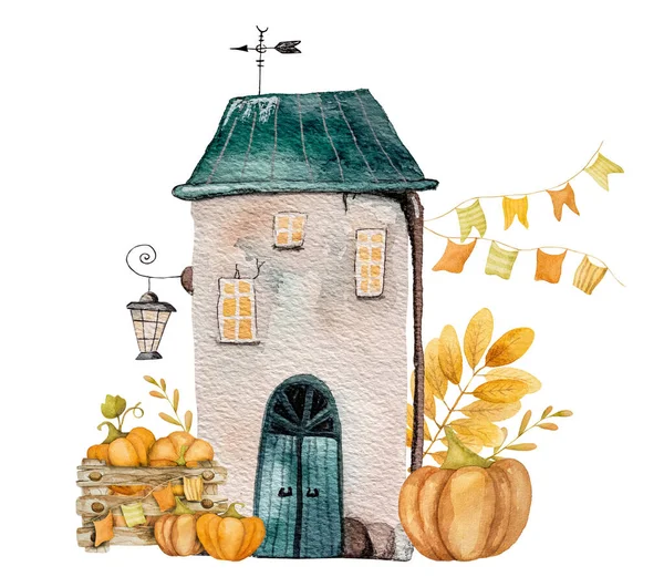Autumn cartoon house with oak leaves, mushrooms and acorns watercolor painting. Fall teapot home with foliage decoration