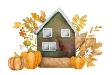 Meşe yapraklı, mantarlı ve palamutlu suluboya resimli sonbahar çizgi film evi. Çaydanlığı yeşillik dekorasyonuyla birlikte düşür.