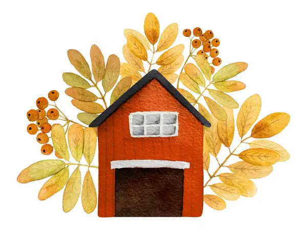 Autumn cartoon house with oak leaves, mushrooms and acorns watercolor painting. Fall teapot home with foliage decoration