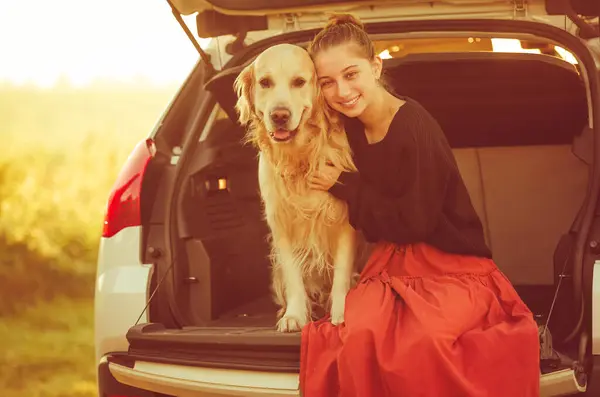 stock image Beautiful girl with golden retriever dog sitting in car trunk and smiling. Pretty teenager hugging purebred pet doggy in vehicle at autumn nature