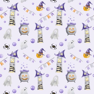 Hayalet ve balkabağı suluboya resimli cadılar bayramı evi kusursuz desenli. Gizemli sonbahar tatili çizimi