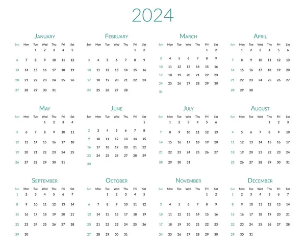 Календар 2024 Року Тиждень Починається Неділю Шаблон Планування Столів Місяцями — стоковий вектор