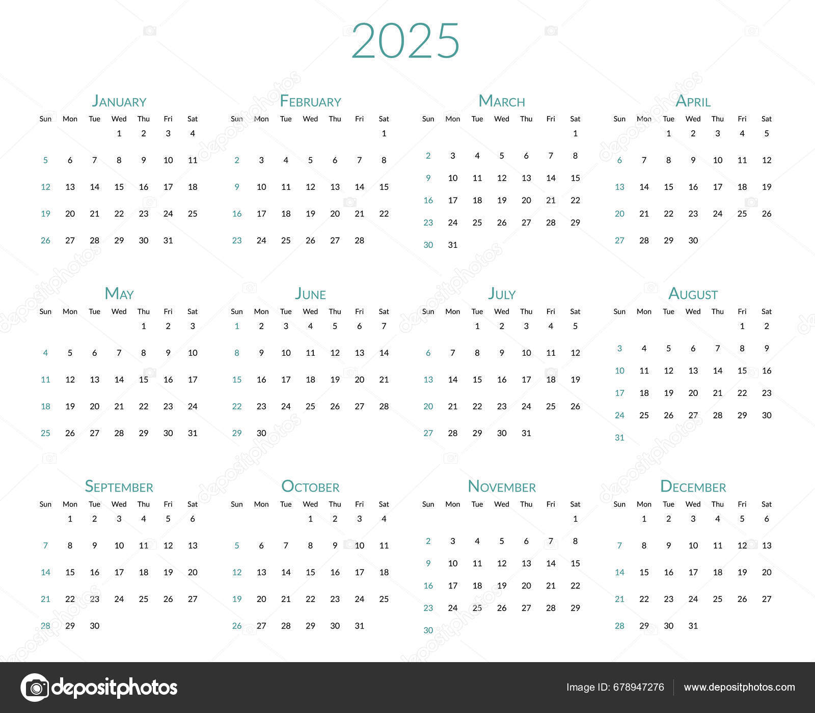 Calendario 2025 Años Semana Comienza Domingo Plantilla Planificación
