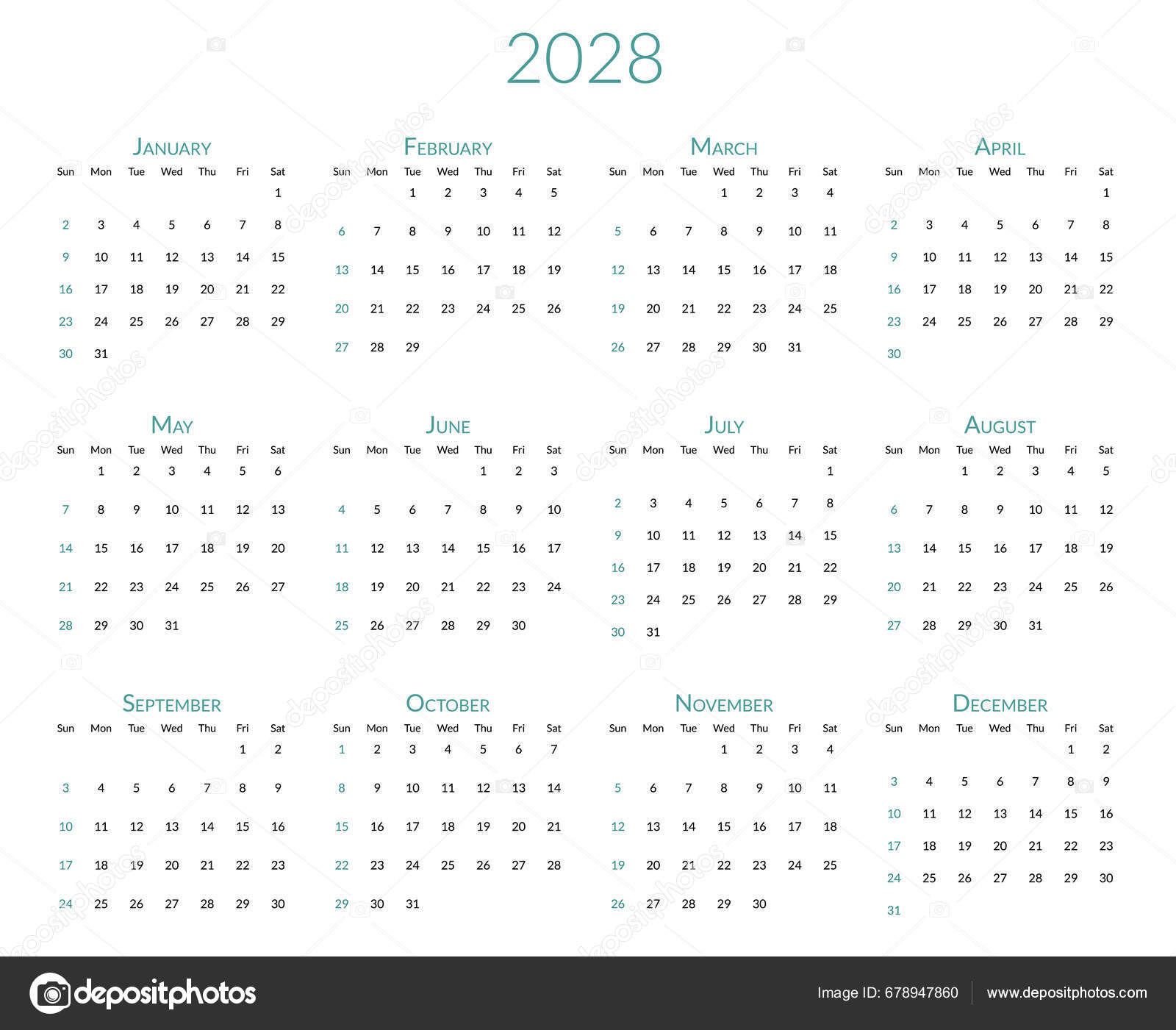2028 Letý Kalendář Týden Začíná Neděli Šablona Plánovač Stolu Měsíců