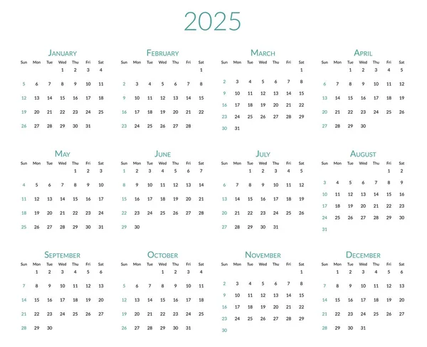 2025 Календар Рік Тиждень Починається Неділю Шаблон Планування Столів Місяцями — стоковий вектор