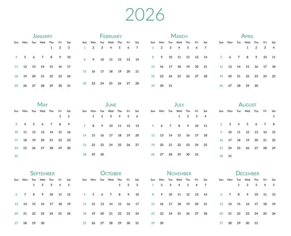 2026 Jaarkalender Week Begint Zondag Bureauplanner Template Met Maanden Jaarlijks — Stockvector