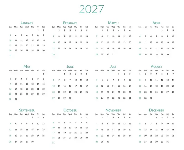 Календар 2027 Року Тиждень Починається Неділю Шаблон Планування Столів Місяцями — стоковий вектор